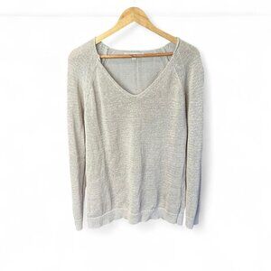 Loft Women's Cream Tan V-neck Pullover Sweater Size L Cotton Blend Long Sleeve